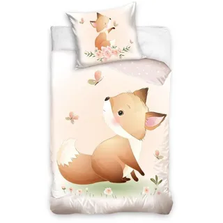 Ibenzoa® Kinderbettwäsche-Set für Mädchen, 100% Baumwolle (Mako-Satin), 135 x 200 cm + 80 x 80 cm, Fuchs-, Schmetterlings- und Sternenmotiv, mit Reißverschluss
