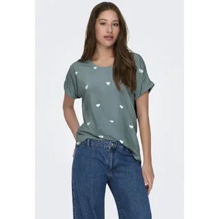 Kurzarmshirt ONLY "ONLMOSTER S/S AOP TOP CS JRS", Damen, Gr. L, balsam grün aop:cloud dancer hearts, Single Jersey, Obermaterial: 75% Viskose, 20% Polyester, 5% Elasthan, bedruckt, lässig geschnitten normal, Rundhals, Shirts Kurzarmshirt, Viskosemischung, regular fit, Rundhals