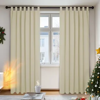 Deconovo Verdunkelnde Schlaufenvorhänge, beige, Spitze und gebrauchsfertig, lichtundurchlässiger Thermovorhang für Wohnzimmer, Schlafzimmer, 140 x 245 cm (B x H), 2 Stück