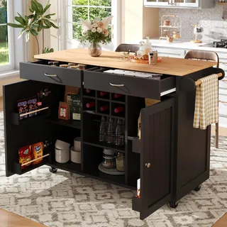 Sweiko Moderne Kücheninsel(102×45×92cm), Küchenschrank, buffetschrank, Speisewagen mit Holzmaserung, buffetschrank, Multifunktionale Esstisch mit Speicherraum, Schwarz - Schwarz