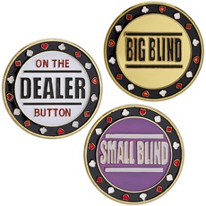 Relaxdays Poker Set, 3-teilig, Dealer Button, Big Small Blind, inkl. Schutzhüllen, Ø 4 cm, je 30 g, Gold