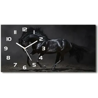 Wanduhr aus Glas – 60x30 cm - Glasbild - Glasuhr - Gehärtetes Glas - weisse-zeiger - Schwarzes Pferd