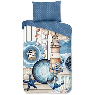 Bettwäsche , Blau, Ecru , Textil , Strand , 140x200 cm , Oeko-Tex® Standard 100, BCI (Better Cotton Initiative) , atmungsaktiv , Heimtextilien, Bettwäsche & Leintücher, Bettwäsche, Satin-Bettwäsche