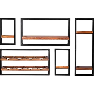 Wandregal SIT "Panama", braun (braun, schwarz), T:25cm, Massivholz, Metall, Regale, Wandregal, Regalset 5er-Set im Industrial Stil, Mangoholz und Metall