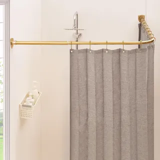 Duschvorhangstange L Form, Verstellbare Duschstange Ecke, Duschvorhang Halterung mit 12 ringen & Deckenstütze für Badewanne/Badezimmer, Bohr-Montage Erforderlich (Gold, 100-175cm x 140-214cm)
