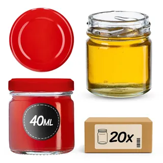 KADAX 20st Mini Gläser 40 ml mit Schraubdeckel fi 43mm, Einmachglas, Gewürzgläser mit Deckel, Sturzglas, Probiergläser, Marmeladengläser, kleine Honiggläser (20 Stück, Rot Deckel)