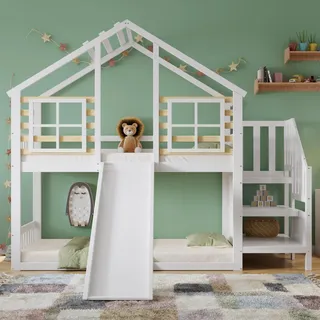 Flieks Etagenbett 90x200cm mit Rausfallschutz, Kinderbett Hausbett mit Rutsche, Hochbett mit Treppe und Lattenrost, Einzelbett Stockbett, Weiß - Weiß