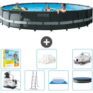 Intex Round Ultra XTR Frame Swimming Pool – 610 x 122 cm – inklusive Pumpe – Leiter – Bodenplane – Abdeckung Wartungspaket - Filterbälle - Staubsauger