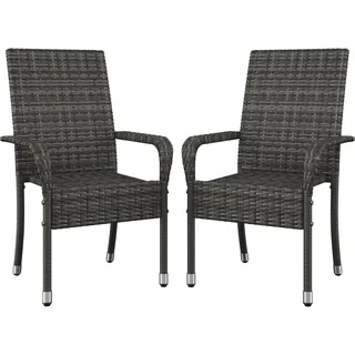 Yaheetech 2er Set Polyrattan Gartenstühle Stapelbar, Rattanstühle Stapelstuhl mit Armlehnen & Rückenlehne, Rattan Stuhl Balkonstuhl mit Verstellbaren Schutzfüßen für Garten Balkon Terrasse, Grau