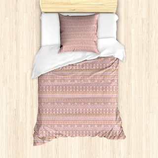 ABAKUHAUS Volk Bettbezug Set für Einzelbetten, Tribal-Muster in Pastelltönen, Milbensicher Allergiker geeignet mit Kissenbezug, 135 cm x 200 cm - 80 x 80 cm, Grau, Rosa, Schokolade