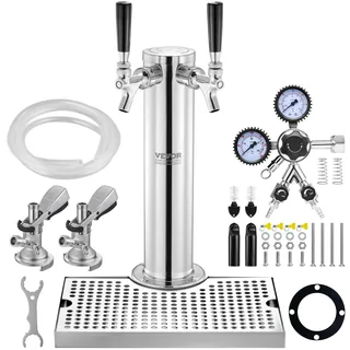 Vevor Kegerator-Turm-Kit, Bier-Umrüstsatz mit zwei Zapfhähnen, Bier-Turmspender aus Edelstahl mit Doppelmessgerät W21.8-Regler und A-System-Fasskupplung, Bier-Tropfschale für Partys zu Hause