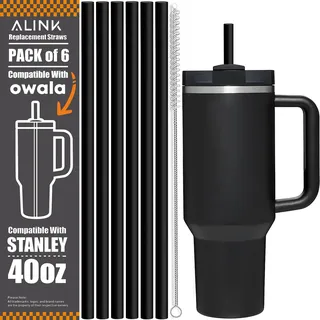 ALINK 6 Pcs Wiederverwendbare Strohhalme für Stanley Adventure Travel Tumbler, Plastikstrohhalme kompatibel mit 40 oz Stanley Tumbler-Schwarz