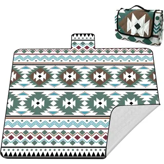 laimaimi Picknickdecke XXL 200x200 cm – extra groß, wasserdicht & waschbar, geometrisches Design in Beige, Grün & Blau, dick gepolstert mit Alubeschichtung, faltbar & tragbar – für Outdoor & Garten