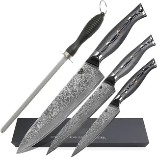 Damascus Messer-Set 3-tlg. 67-lagiger Damaszenerstahl - Chefmesser, Kochmesser, Allzweckmesser + Wetzstahl Rund 30 cm von WOLFCUT - Silber, Schwarz