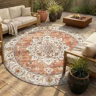 Vintage Gartenteppich Rund - Santo Medaillon Terrakotta - Ø 160 cm - Balkon, Garten / Terrasse - FRAAI | Home & Living - Orientalisch - Bronze, Orange