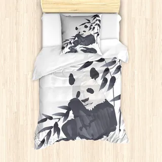 ABAKUHAUS Panda Mantele, Panda in Zoo Chinese, Milbensicher Allergiker geeignet mit Kissenbezügen, 135 cm x 200 cm - 80 x 80 cm, Kadett-Blau Weiß - Weiß