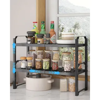 UMDONX 2 Stück Küchenregal Arbeitsplatte Stehend Ausziehbar von 32,5-52 cm,Stapelbares Gewürzregal aus Metall Regaleinsatz für Küchenschrank Schrankeinsatz Organizer(Schwarz)