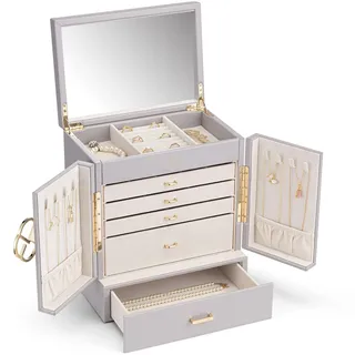 Vlando Schmuckkasten Groß, Französisches Schmuckkästchen 6 Ebenen, Schmuck Organizers Groß XXL mit Spiegel, Schubladen, Schmuckaufbewahrung Damen, Schmuckschatulle für Ohrring, Ketten, Uhren