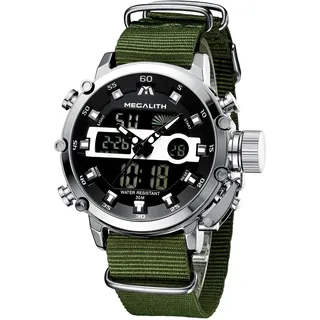 MEGALITH Herrenuhr Militär Digitaluhr Sportlich - Armbanduhr Herren Groß Wasserdicht LED Uhren fur Männer Grünes Nylon Stoppuhr Wecker Kalender, Geschenke für Männer