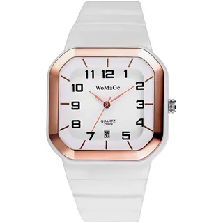 Oidea Sportuhren für Männer und Frauen: quadratisches Zifferblatt, analog, Quarz, Silikon, arabische Ziffern, leicht zu lesen, Kalender, Datum, lässige Armbanduhr, Quadratisches Zifferblatt, weiß
