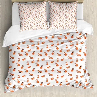ABAKUHAUS Fuchs Bettbezug, Cartoon-Tiermuster, Milbensicher Allergiker geeignet mit Kissenbezügen, 155 cm x 220 cm - 80 x 80 cm, Orange Weiss - Orange