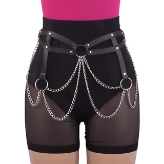 Crazy Bean Punk KettengüRtel Taille KöRperkette GüRtel Schwarz Leder Taillenkette GüRtel Verstellbare TaillengüRtel füR Rock Rave Damen MäDchen(D)