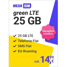 Mega SIM green LTE 25 GB – Handyvertrag im Telefonica Netz mit Internet Flat, Flat Telefonie und EU-Roaming – Monatlich kündbar