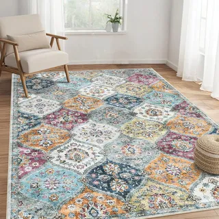 LuxFocus Waschbarer Kleiner Teppich 80x150 cm, floraler Vintage-Teppich fürs Schlafzimmer, orientalische Bettumrandung, Rutschfester Kurzflor, Gelb Lila