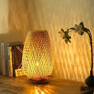 GUANSHAN Tischlampe aus Bambusgewebe, Bambus-Lampenschirm, Tischbeleuchtung, dekorative Tischbeleuchtung, Nachtlicht für Schlafzimmer, Wohnzimmer, Druckknopfschalter, Stil 2