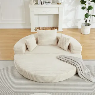 Clinvia Vielseitiges Zwei-in-Eins-Schlafsofa, ideal für kleine Wohnräume, halbrundes Sofa & rundes Tagesbett, Armlehnen mit praktischen Stofftaschen - Beige