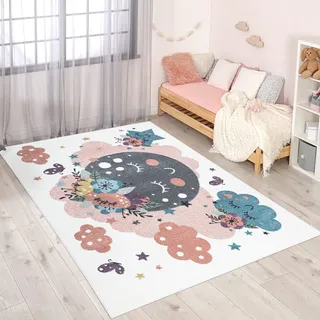 Carpet City Kinderteppich »ANIME917« rechteckig 11 mm Höhe Kinderzimmer Teppich Modern mit Mond, Blumen, Wolken, Creme, Multi beige