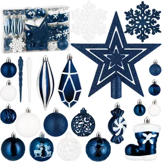 BRUBAKER 128 Stück Premium Christbaumschmuck - XXL Weihnachtskugel Set mit Glitzer Kugeln, Eiszapfen, Diamant Anhänger, Bonbon, Nikolaus Stiefel und Baumspitze Stern - Baumschmuck - Blau