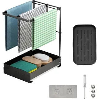 Unyqoos® Spülbecken-Organizer – Spülschwammhalter mit Handtuchhalter, Kohlenstoffstahl & Silikon, 22×12×23 cm, inkl. Abtropfschale 23,5×13,5×1,8 cm, Haken & Trennwand - Schwarz