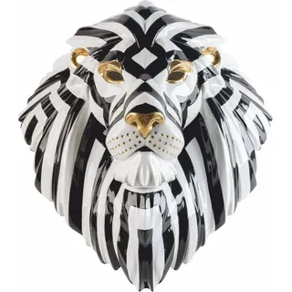 Casa Padrino Luxus Porzellan Deko Maske Löwe Weiß / Schwarz / Gold 38 x 30 x H. 60 cm