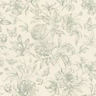 Rasch Textil Rasch Tapete 793925 – Vliestapete in Cremeweiß mit floralem Muster im Vintage Stil in Grün - 10,05 x 0,53 (LXB)