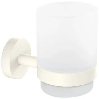 Tesa Moon White Zahnputzbecher aus satiniertem Glas mit Halter, matt weiß - für Bäder im Industrial Style und Moderne Badezimmer - bohrfrei, inkl. Klebelösung - 70 mm x 96 mm x 109 mm