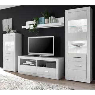 Wohnwand "Carrara" weiß Hochglanz Schrankwand 4-teilig 300 x 198 - Weiß