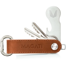 MAGATI Key Organizer - Schlüsseletui aus Echt-Leder, Edelstahl mit Schlüsselfundservice, Einkaufswagenlöser, Flaschenöffner, Profiltiefenmesser Cognac