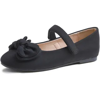 Feversole Girls Cute Dress, Mädchen süßes Kleid Mary Jane Schuhe weiche Party Urlaub Ballerinas Runde Spitze Stretchy,Softschleife Schwarz Größe 35 EU