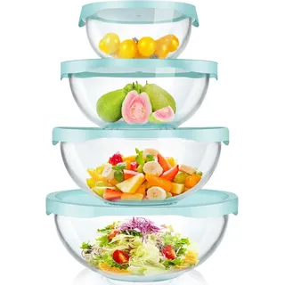 Klare Glasschüsseln mit Deckeln, Set von 4 - 0,5 l, 1,4 l, 2,4 l, 3,3 l - platzsparende, stapelbare Schüsseln für die Küche - große Glasschalen zum Backen, Mischen und Aufbewahren von Lebensmitteln