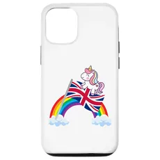 Hülle für iPhone 15 Einhorn reitend, britische Flagge, Jungen, Mädchen, Frauen, Kinder, Regenbogen