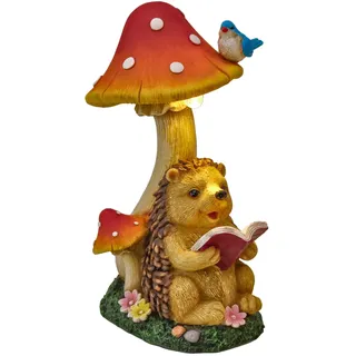 TERESA'S COLLECTIONS Gartendeko für Draußen Igel Gartenfigur mit Pilz Feengarten Figur Solar Gartenleuchte aus Kunstharz Wasserdicht Herbstdeko Gartendeko Terasse Hof 26cm