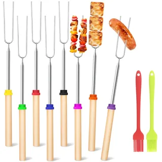 8 Stück Teleskop Grillspieße, Edelstahl Marshmallow, Lagerfeuer Grillgabel, Roasting Sticks, Grillstab mit 2 Ölpinseln, Edelstahl Ausziehbar 31-81cm, für Camping Grill BBQ den Außenbereich