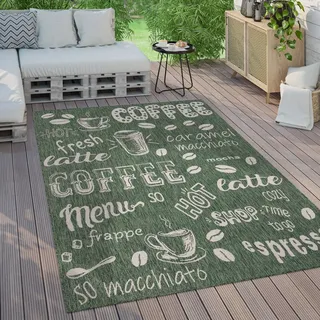 Paco Home Outdoor Teppich Wetterfest Balkon Küche Modernes Muster Mit Schriftzug Grösse 120x160 cm - Grün