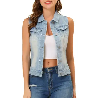 Allegra K Damen Jeansweste Ärmellos Knopfleiste Sommer Denim Revers Jacke Westen mit Taschen Himmelblau S