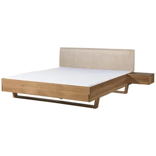 MASSIVMOEBEL24.DE Bett mit Nachttisch rechts Eiche 200x200x85 natur geölt, Kopfteil beige FICHTELBERG #132