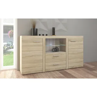 FURNIX Sideboard RIVAY Esszimmer, Wohnzimmer Kommode mit LED, 2 Schubladen und Glasvitrine klassisch, pflegeleicht modern Eiche Sonoma - Braun, Beige