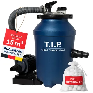T.I.P. ChlorComfort 15000 Poolfilter Set I 2-in-1 Filteranlage mit Chlordosierer I Poolpumpe 4000 l/h bis 5m Höhe, bis 15 m3 Poolgröße I einfache Montage I Komplettset mit Filterbällen und Pumpe