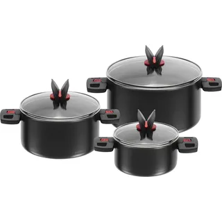 BALLARINI Click + Cook Topfset, 3-teilig (16 cm + 20 cm + 24 cm), Inkl. 3 Glasdeckel, Antihaftbeschichtet, Mit klappbaren Kunststoff-Griffe, Schwarz