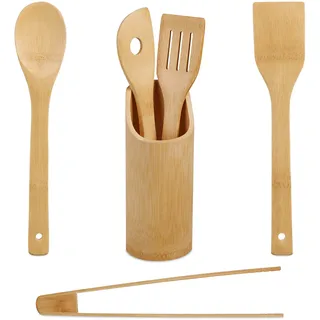 Relaxdays Küchenhelfer 6-TLG. Set, Kochlöffel, Pfannenwender, Grillzange, Küchenutensilien Behälter, Bambus, Natur